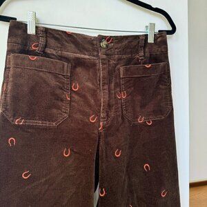 Anthropologie The Colette Cord Wide Leg Pants Horse Print Brown